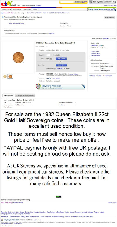 ckstereos eBay Listing Using our 1982 Mint Condition Half Sovereign Obverse Photograph